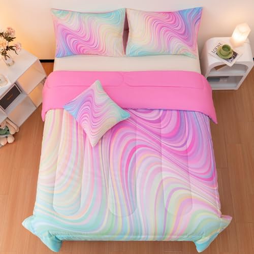 4 Pcs Girls Full Bedding Set, Tie Dye Superior Teen Comforter Sets, Pink Rainbow Full Bedding Set for Girls