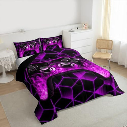Purple Gaming Comforter Sets for Boys Gamer Gifts,Neon Geometric Toddler Bedding Sets for Boys,3D Geometric Kids Comforter Set Flame Gaming Consoles Decor Boy Bedroom Decor