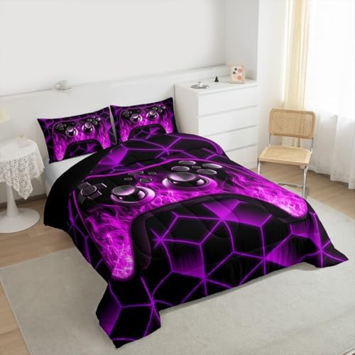 Purple Game Console Comforter Set - Neon Geometric Gamer Bedding, 3D Geometric Boys Comforter Set with Flame Gaming Consoles Decor
