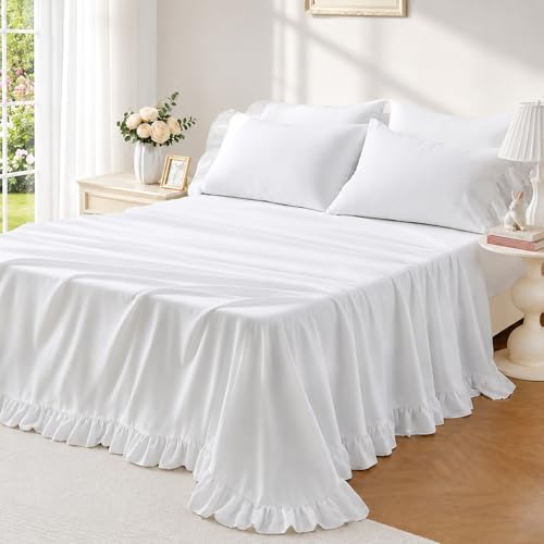 FUANNA Queen Sheets 4 Pieces - White Sheets with 4-Inch Ruffles Bed Skirt