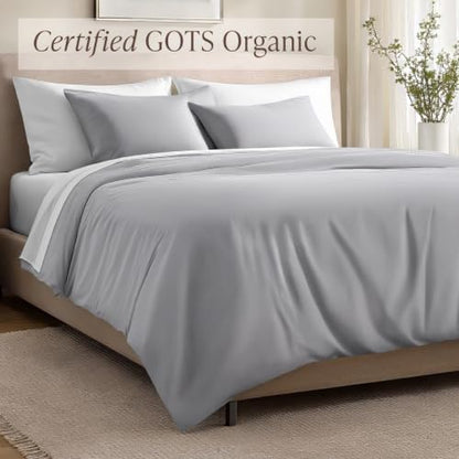 Bare Home 100% Organic Cotton Sateen Duvet Cover Set (Full, Light Grey)