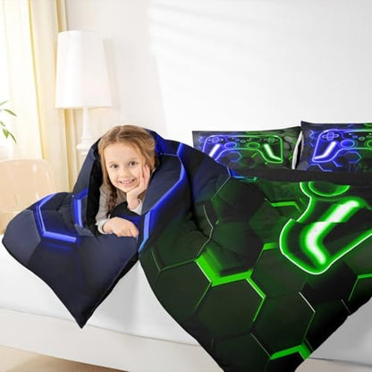 Erosebridal Gamer Comforter Set Neon Honeycomb Gaming Girl Toddler Bedding Set, Video Game Console Comforter Blue Green Hexagon Lights Quilt,Kids Room Decor