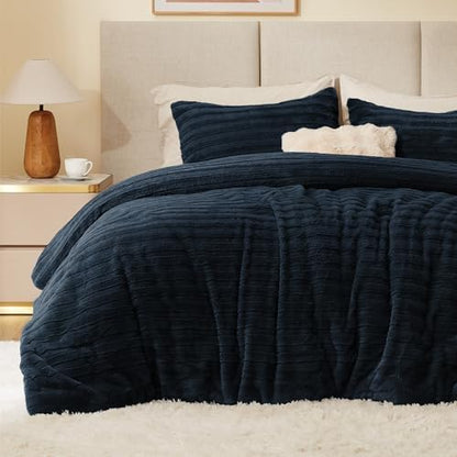 BEDELITE Faux Fur King Size Comforter Set, Fluffy Bed Set, Navy