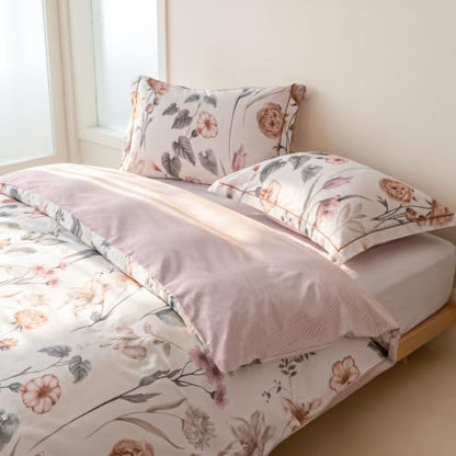 King Comforter Set 3 Pieces, 100% Cotton Vintage Cream Floral Bedding Set for All‑Season, Soft Breathable Comforter with 2 Pillow Shams