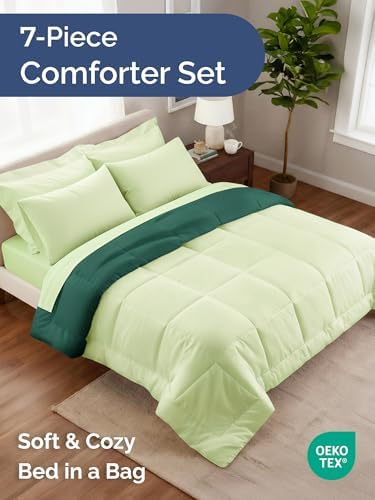 Queen Comforter Set - 7 Piece Reversible Bed in a Bag - Light Sage/Emerald