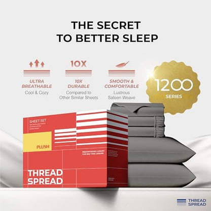 THREAD SPREAD 100% Egyptian Cotton Split King Sheets Sets for Adjustable Bed - Luxury 1200 Series Split King Sheets (5 PC, Dark Grey), Soft, Cooling, 17" Deep Pocket Sheet Set - Plush Collection