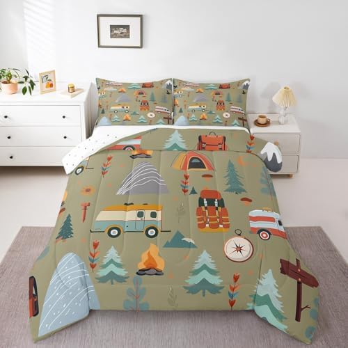 Feelyou Happy Camping Comforter Set for Kids Boys Girls King Size Travel Bag Tent Print Bedding Set Soft Outdoor Themed Duvet Quilt Travel Trailers Comforter Camping Gifts Duvet Quilt