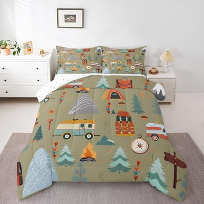 Feelyou Happy Camping Comforter Set for Kids Boys Girls Full Size Travel Bag Tent Print Bedding Set Soft Outdoor Themed Duvet Quilt Travel Trailers Comforter Camping Gifts Duvet Quilt