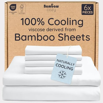Bambaw 100% Viscose Derived from Bamboo Queen Size Sheet Set - 6pcs Cooling Sheets, Breathable, Super Soft, Fits Up to 16'' Mattress Depth, White