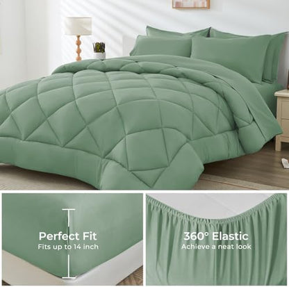 HEVUMYI 7-Piece King Comforter Set, Light Green Bed in a Bag