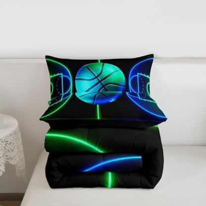 Basketball Comforter Set Twin,Sports Games Bedding Set 2Pcs for Kids Teens Boys Room Decor,Green Blue Neon Geometric Lines Basketball Court Pattern Duvet Insert with 1 Pillowcase, Black