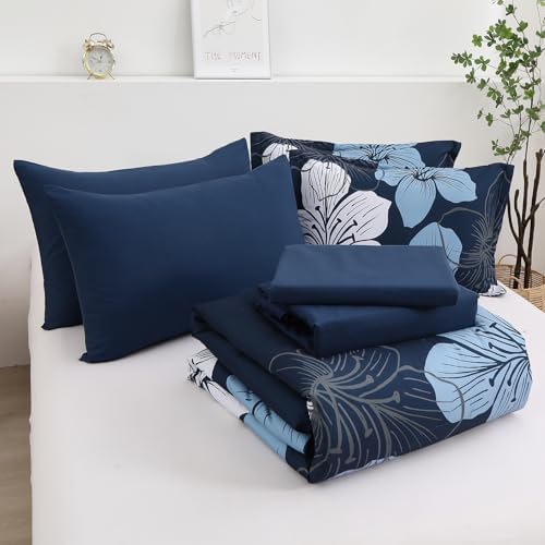 Luxudecor Navy Blue Comforter Set Twin Size, 5 Pieces Bed in a Bag Navy Blue Floral Comforter and Sheet Set, Soft Microfiber Complete Bedding Sets for All Seasons