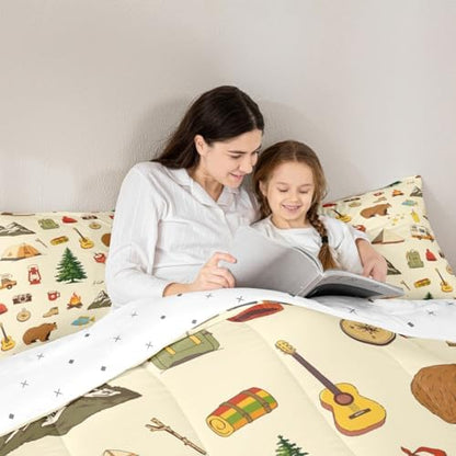 Camping Adventure Comforter Set King Size for Boys Teens Girls Kids Room Decor Cartoon Bear Tent Mountain Tree Quilt Set Outdoor Life Bedding Set 3pcs Traveling Lover Duvet Insert,2 Pillowcases