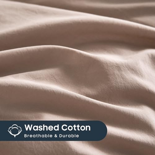 Wake In Cloud - Cotton Duvet Cover Set, 100% Washed Cotton, Linen Like Textured, Breathable Durable Comfy Farmhouse Neutral Bedding Set, 3 Pieces, Dusty Pink, Queen Size