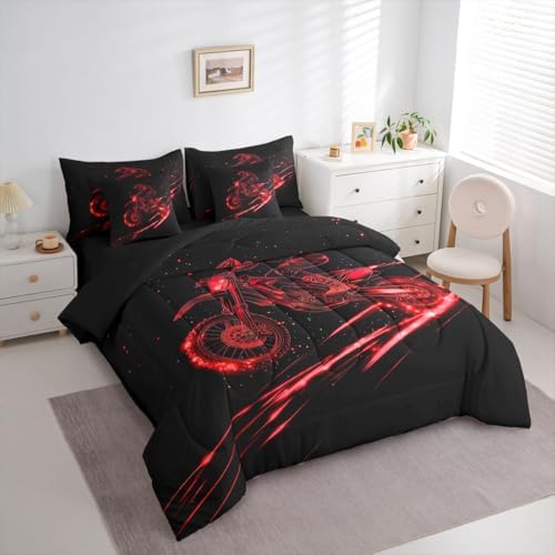 Feelyou Red Neon Dirt Bike Comforter Set Full 7 Pieces Motocross Bedding Set for Boys Girls Line Art Design Bed in a Bag Speed Racing Room Decor Extreme Sports Pattern Quilted Soft Lightweight