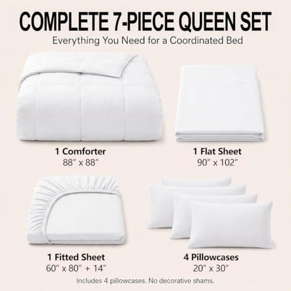 CozyLux Queen Comforter Set White - 7 Pieces Bed in a Bag
