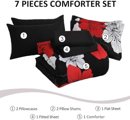 Luxudecor Red Black Comforter Set King Size, 7 Pieces Floral Bed in a Bag