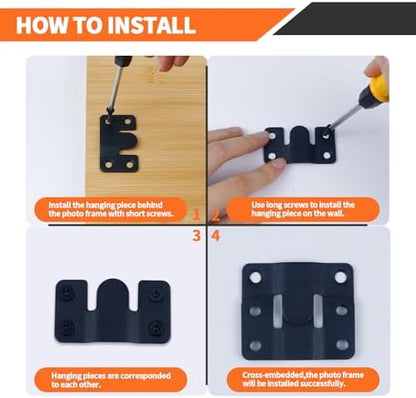 Stainless Steel Flush Mount Bracket, Interlocking Heavy Duty Photo Frame Hook, Interlocking Furniture Connector for Hanging Headboards Large Picture Display Wall Mount Hardware (Black, 4 Pairs)