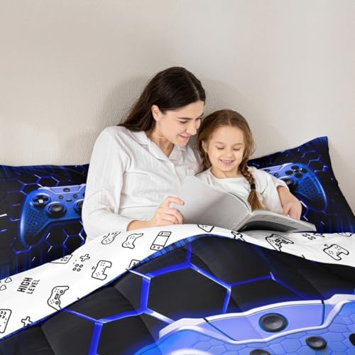 Manfei Honeycomb Gamepad Comforter Set Twin Size, Blue Geometric Reversible Bedding Set 2pcs for Kids Boy Game Room Decor, Modern Gamer Down Comforter Modern Gaming Quilt Set with 1 Pillowcase