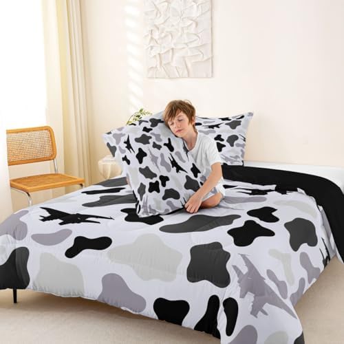 Manfei Grey Camouflage Comforter Set Twin Size,Military Aircraft Camo Bedding Set 2pcs,Airplane Themed Camo Down Comforter for All Season,Kids Boys Girls Room Decor,1 Pillowcase,No Sheets
