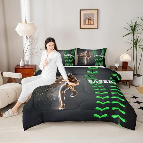 Erosebridal Baseball Bedding Set, Golden Athlete Comforter Set Full Size, Sports Games Down Comforter for Kids Boys Girls Bedroom Decor, Glitter Outer Space Duvet Insert for Living Room