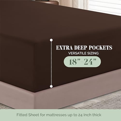 Elegant Comfort 1500 Premium Hotel Quality 18-24 Inches Deep - Extra Deep Pocket Single Fitted Sheet for High Mattress, Luxury and Softest, Smart Pocket - Wrinkle Free, Queen, Chocolate Brown