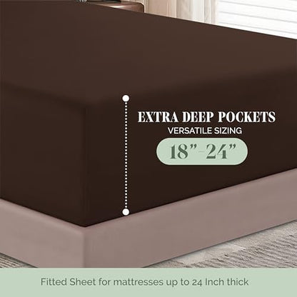 Elegant Comfort 1500 Premium Hotel Quality 18-24 Inches Deep - Extra Deep Pocket Single Fitted Sheet for High Mattress, Luxury and Softest, Smart Pocket - Wrinkle Free, Queen, Chocolate Brown