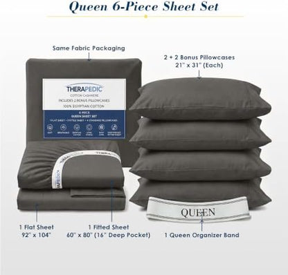 Therapedic 100% Egyptian Cotton 6 Piece Queen Sheets Set (Charcoal)
