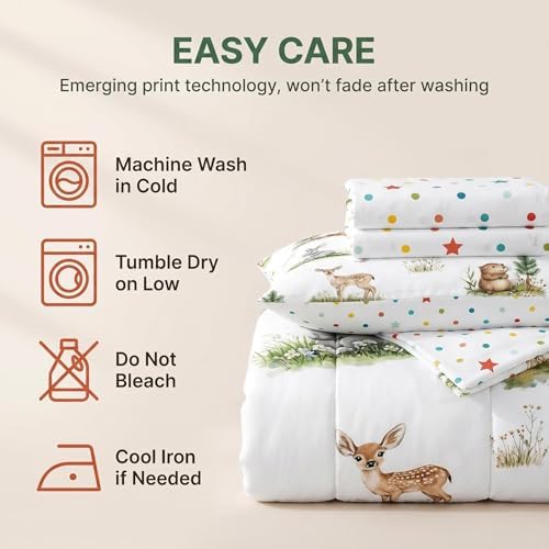 Erosebridal Woodland Wildlife Bed in A Bag with Sheets for Kids Boys Girls Wild Animals King Comforter Set 7 Piece Cartoon Fox Rabbit Beaver Deer Bedding Set Fir Trees Bed Set