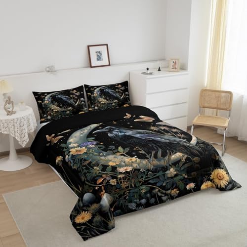 Black Crow Comforter Set Full Size,Moon Daisy Flower and Butterfly Bedding Set,Kids Girls Boys Teens Room Decor,Halloween Theme Animals Plants Quilt Set Boho Trippy Duvet Insert,2 Pillowcases