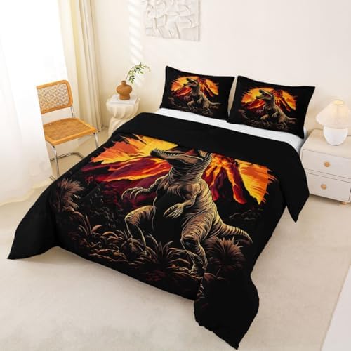 Feelyou Kids Dino Kids Comforter Set Full Size Dinosaur Bedding Set Volcano Duvet Quilt for Kids Boys Girls Bedroom Ancient Jungle Dinosaur Decor Yellow Black Microfiber Ultra Soft Breathable