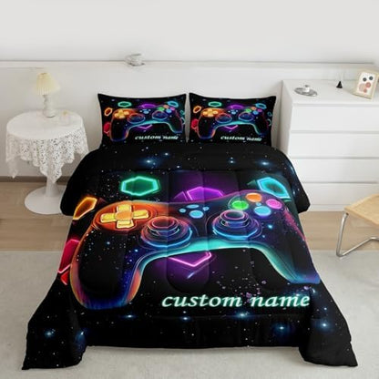 Customized Game Consoles Gaming Bedding Set Queen, Gamer Gifts, Custom Name Comforter Sets for Boys, Space Glow Geometric Kids Comforter Set, Red Green Blue Teal, Gamer Room Decor