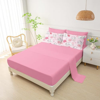 QOOMO Pink Cat 7 Pieces Comforter Set Queen,Sakura Cat Bedding Set for Kids