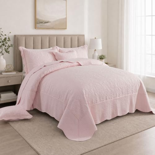 HoneiLife California King Quilt - 5-Piece Cal King Quilt Sets, Oversized King Bedspreads 128x120, Rustic Bedding Sets King Size,Reversible Coverlets Lightweight Bed Cover for All Season Use-Light Pink