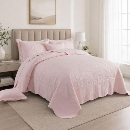 HoneiLife California King Quilt - 5-Piece Cal King Quilt Sets, Oversized King Bedspreads 128x120, Rustic Bedding Sets King Size,Reversible Coverlets Lightweight Bed Cover for All Season Use-Light Pink