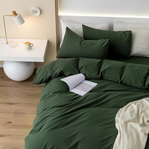 JIYUAN Queen Washed Cotton Duvet Cover Set, 3-Piece, Relaxed Linen Feel