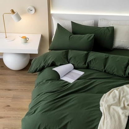 JIYUAN Queen Washed Cotton Duvet Cover Set, 3-Piece, Relaxed Linen Feel