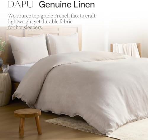 DAPU 100% French Linen Duvet Cover 3Pcs Set, 170GSM Linen Bedding, Queen