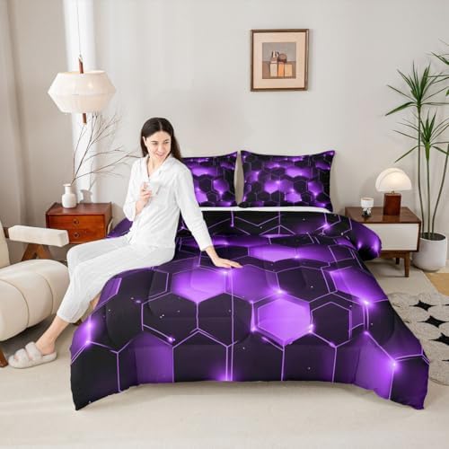 Feelyou Geometrics Honeycomb Comforter Set King Size, Purple Black Beehive Hexagon Comforter for Kids Toddler Geometrical Bedding Set Hexagonal Geometrical Duvet Set Durable Quilt Set King Size