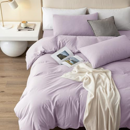 JIYUAN Queen Washed Cotton Duvet Cover Set, 3-Piece, Relaxed Linen Feel