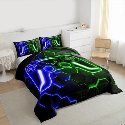Erosebridal Gamer Comforter Set Neon Honeycomb Gaming Girl Toddler Bedding Set, Video Game Console Comforter Blue Green Hexagon Lights Quilt,Kids Room Decor