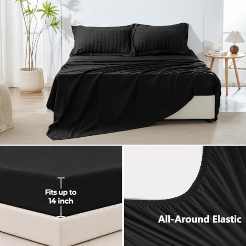HIMEET Oversized Queen Comforter Set, 7-Piece Seersucker Bed in a Bag Black