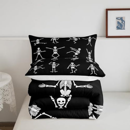 Erosebridal Sugar Skull Comforter Set Twin Size Skeleton Bones Bedding Set for Kids Boys Girls Teens Adult Halloween Horror Theme Down Comforter Gothic Spooky Duvet Sets with 1 Pillow Case