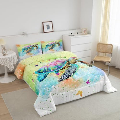 Castle Fairy Sea Turtle Comforter Set King Size,Watercolor Tortoise Butterfly Bedding Set for Girls Teens Bedroom Present,Girly Dreaming Style Soft Chic Quilted Duvet with 2 Pillowcases