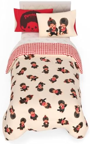 Monchhichi Bedding 5 Piece Twin Bed Set, Soft Cozy Nostalgia Reversible Comforter and Sheet Set with Sham, Officially Licensed Product By Franco