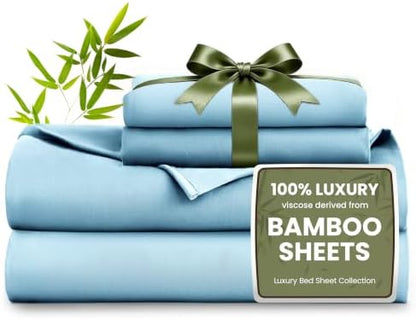 Love's cabin 4 Piece Full Size Sheet Set, 100% Rayon Derived from Bamboo, Cooling & Breathable, Soft Silky Deep Pocket up to 16", Hotel Luxury Bedding for Hot Sleepers, Light Blue