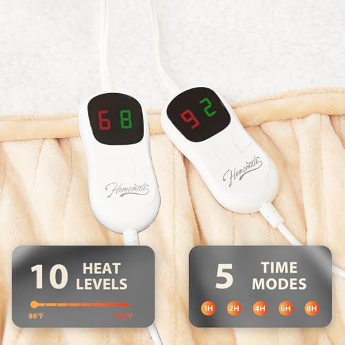 Homemate Heated Electric Blanket Queen Size - 84"x90" Heating Bed Blanket Throw with 10 Heating Levels 8 Hours Auto Off Fast Heating Over-Heat Protection Ultra Soft Flannel ETL Certified, Beige