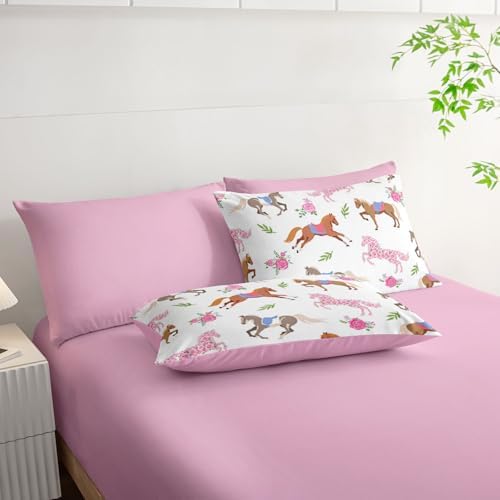 HOSIMA Girls 7Pcs Kawaii Pink Rose Horse Full Comforter Set with Sheets.