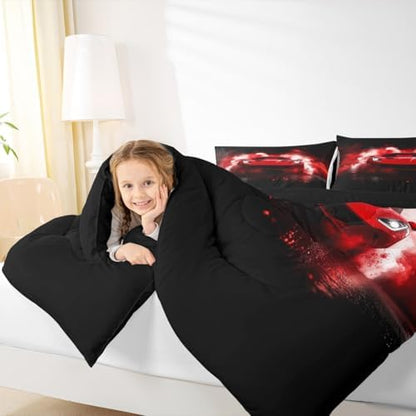 Sports Car Comforter Red Race Car Bedding Sets for Kids Boys Girls Extreme Sports Theme Comforter Set Cool Speed Luxury Cars Decor Quilt Set with 2 Pillowcases 3Pcs Bedding King Size,Black and Red