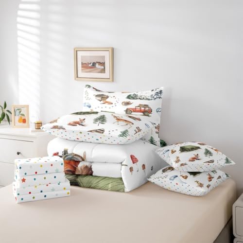 Erosebridal Wild Animal 7 Piece Bed in A Bag King Happy Camping Comforter Set Fox Deer Wildlife Woodland Animals Bedding Sets for Boys Girls Camper Car Western Cowboy Sheet Set with Comforter